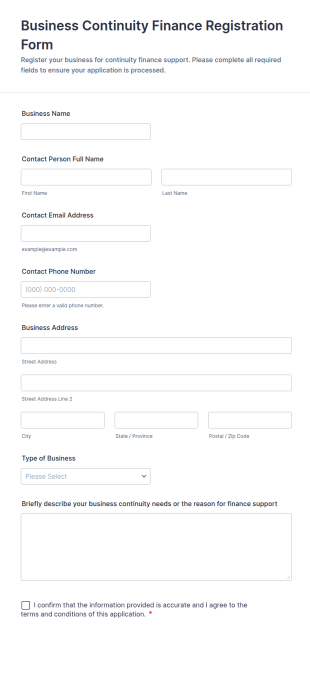 Business Continuity Finance Registration Form Template