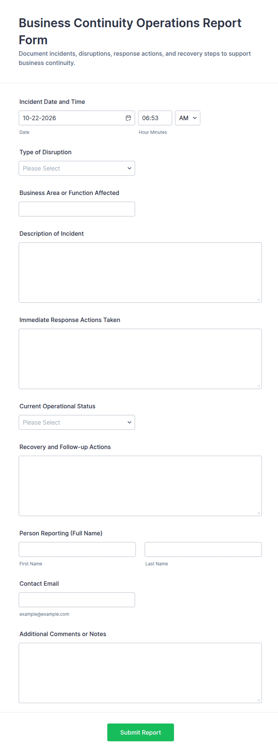 Mircrosoft Forms Report Examples Business Continuity Operations Report Form Template | Jotform
