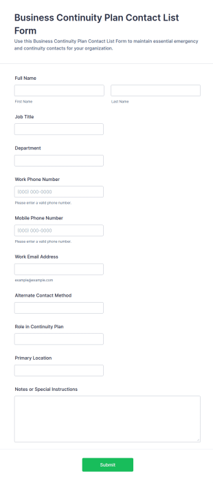 Business Continuity Plan Contact List Form Template