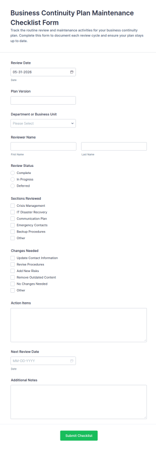 Business Continuity Plan Maintenance Checklist Form Template