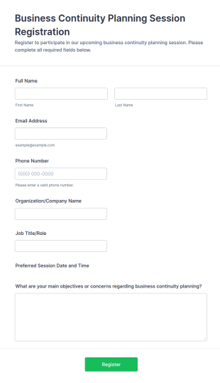 Business Continuity Planning Session Registration Form Template