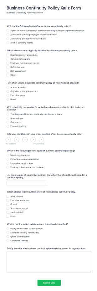 Business Continuity Policy Quiz Form Template