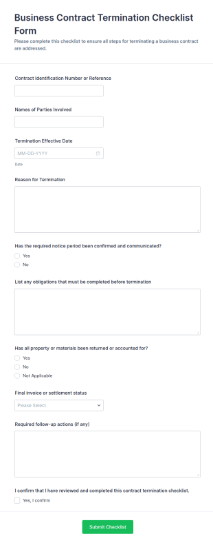 Business Contract Termination Checklist Form Template
