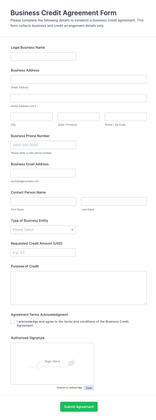 Business Credit Agreement Form Template