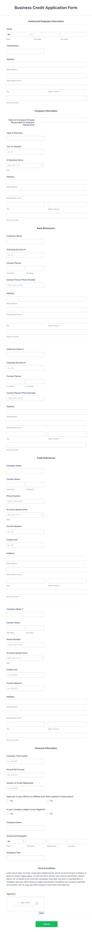 Business Credit Application Form Template