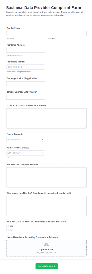 Business Data Provider Complaint Form Template
