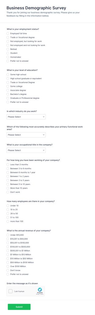 Business Demographic Survey Form Template