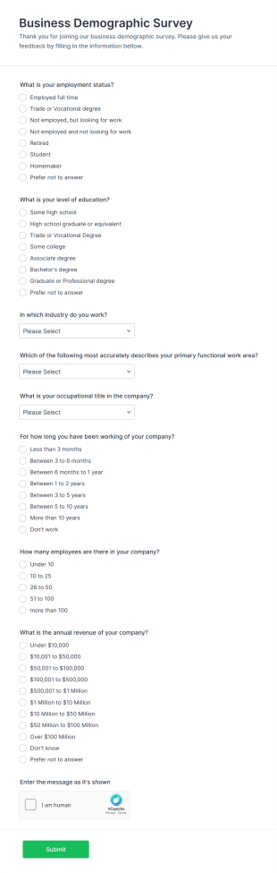 Business Demographic Survey Form Template