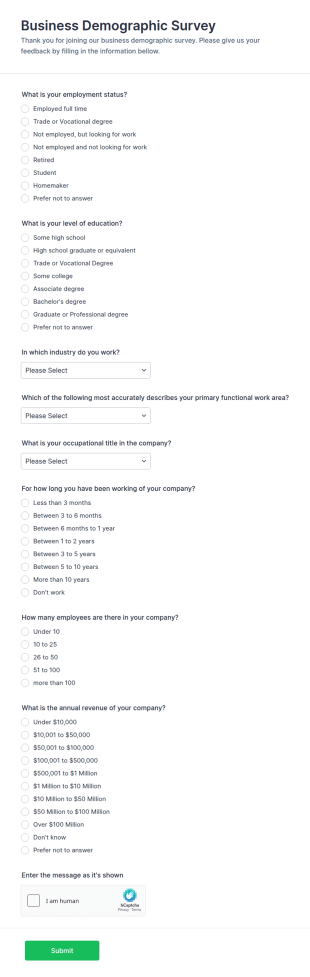 Business Demographic Survey Form Template