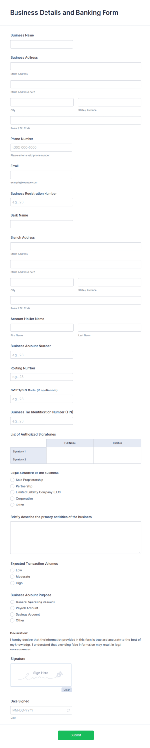 Business Details And Banking Form Template
