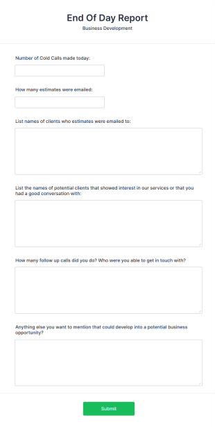 Business Development End Of Day Report Form Template