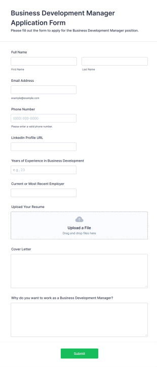 Business Development Manager Application Form Form Template