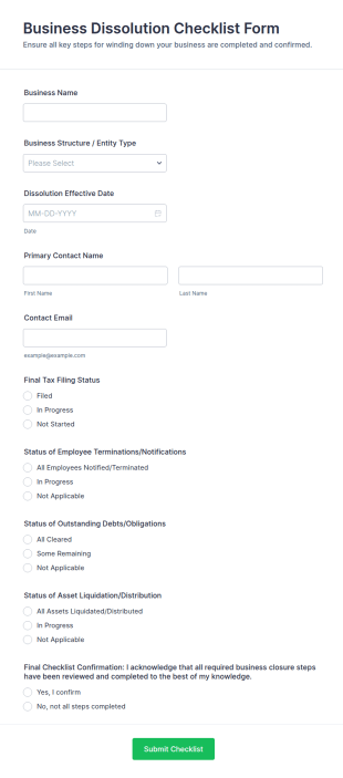 Business Dissolution Checklist Form Template