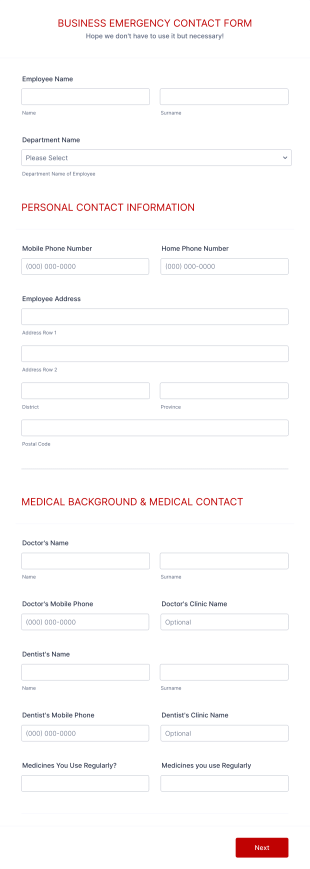 Business Emergency Contact Form Template
