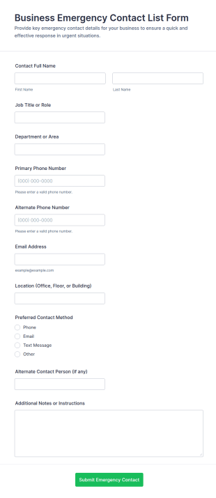 Business Emergency Contact List Form Template