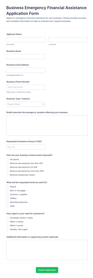 Business Emergency Financial Assistance Application Form Template