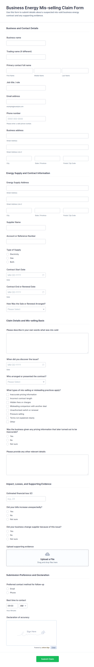 Business Energy Mis Selling Claim Form Template