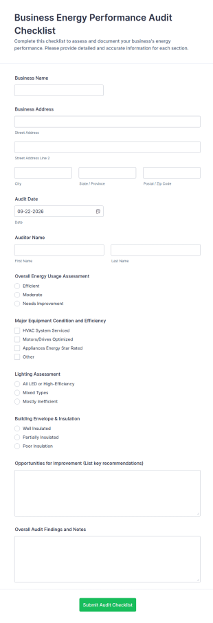 Business Energy Performance Audit Checklist Form Template