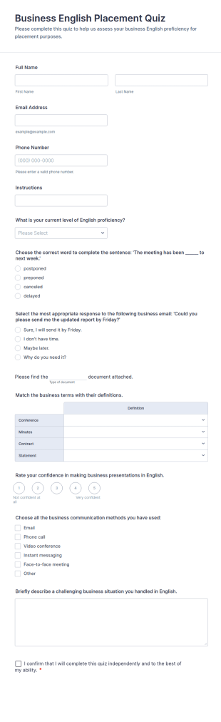 Business English Placement Quiz Form Template