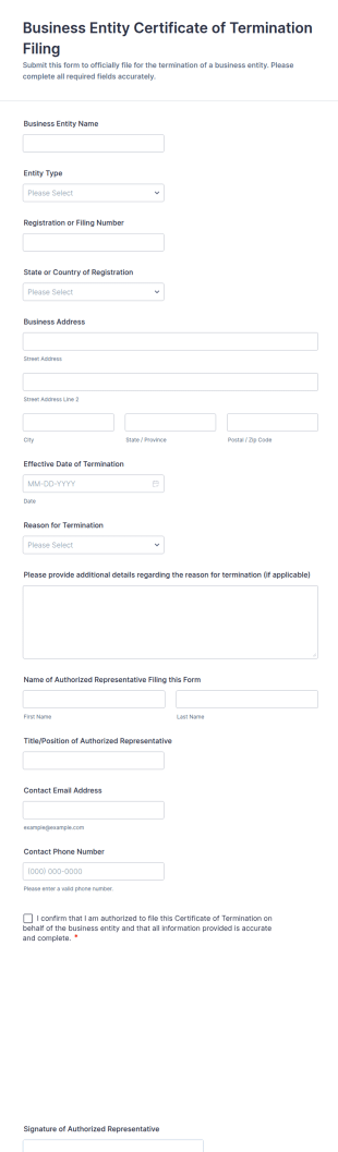 Business Entity Certificate Of Termination Filing Form Template