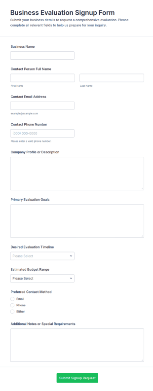 Business Evaluation Signup Form Template