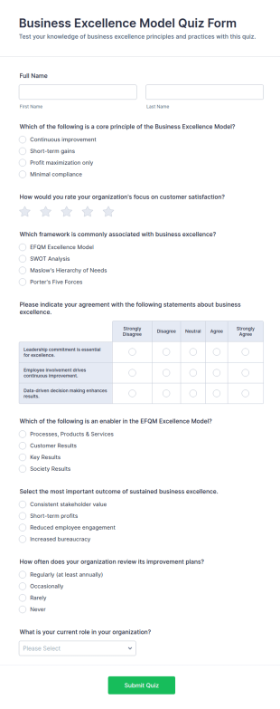 Business Excellence Model Quiz Form Template
