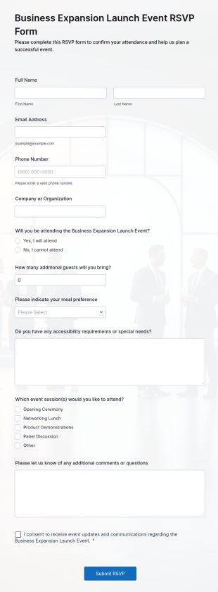 Business Expansion Launch Event RSVP Form Template