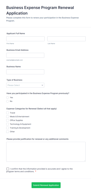 Business Expense Program Renewal Application Form Template