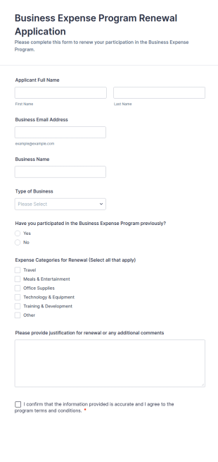 Business Expense Program Renewal Application Form Template