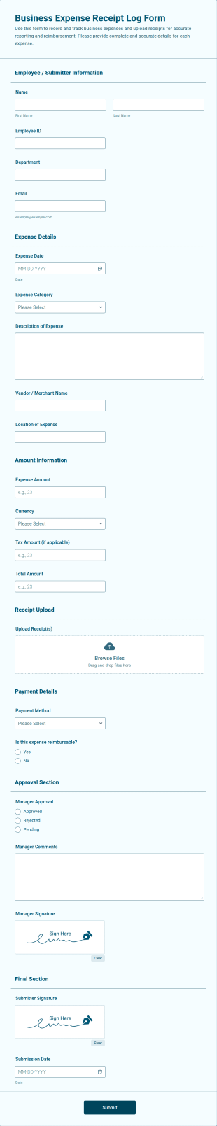 Business Expense Receipt Log Form Template
