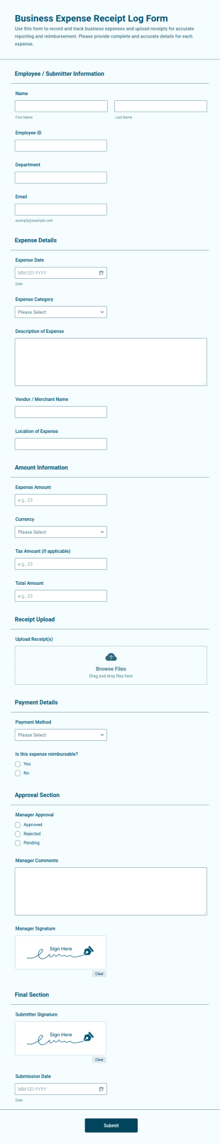 Business Expense Receipt Log Form Template