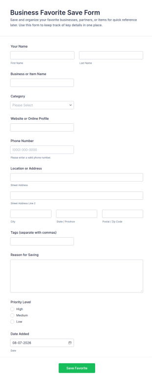 Business Favorite Save Form Template