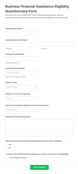 Business Financial Assistance Eligibility Questionnaire Form Template
