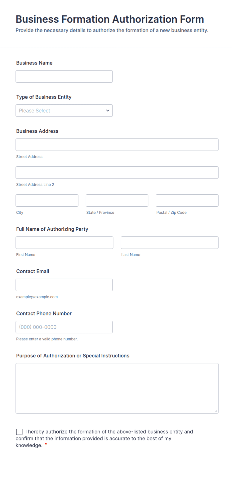 Business Formation Authorization Form Template | Jotform