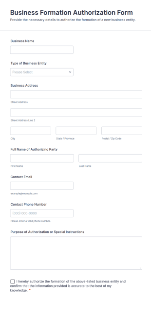 Business Formation Authorization Form Template