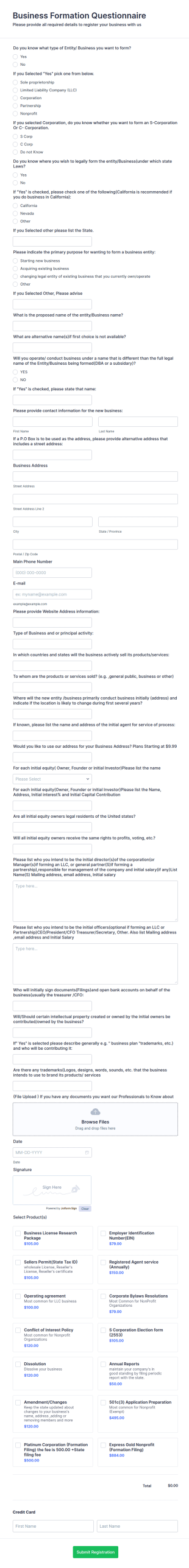 Business Formation Questionnaire Form Template