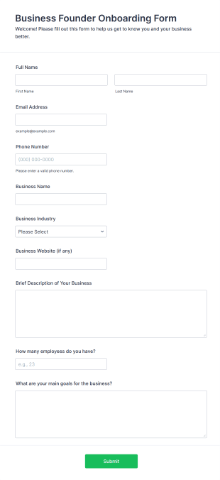 Business Founder Onboarding Form Form Template