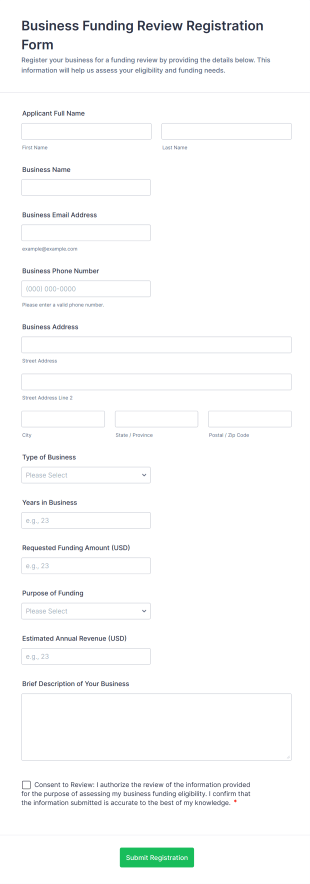 Business Funding Review Registration Form Form Template