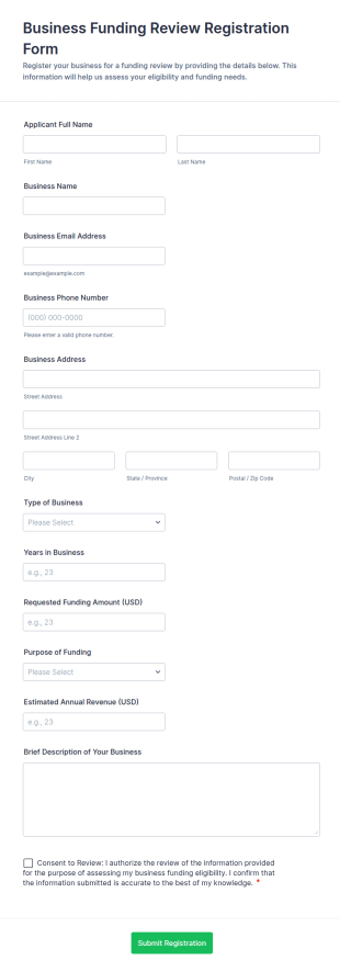 Business Funding Review Registration Form Template