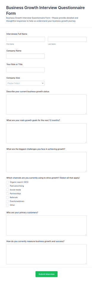 Business Growth Interview Questionnaire Form Template