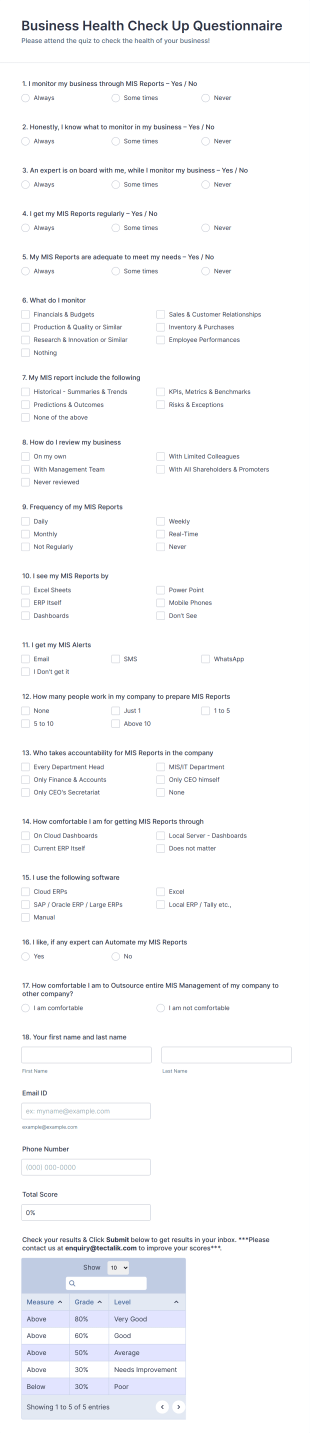 Business Health Check Up Questionnaire Form Template