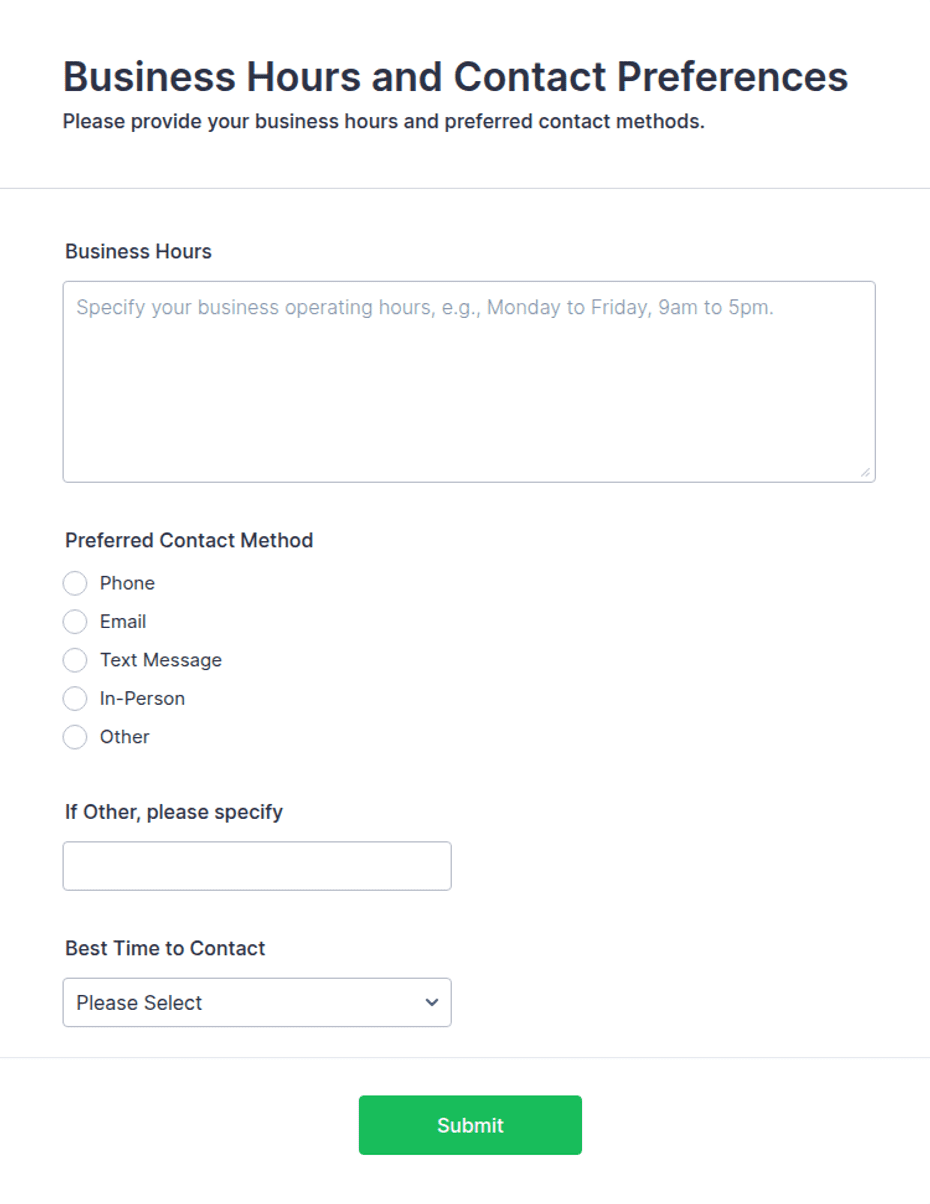 Business Hours and Contact Preferences Form Template | Jotform
