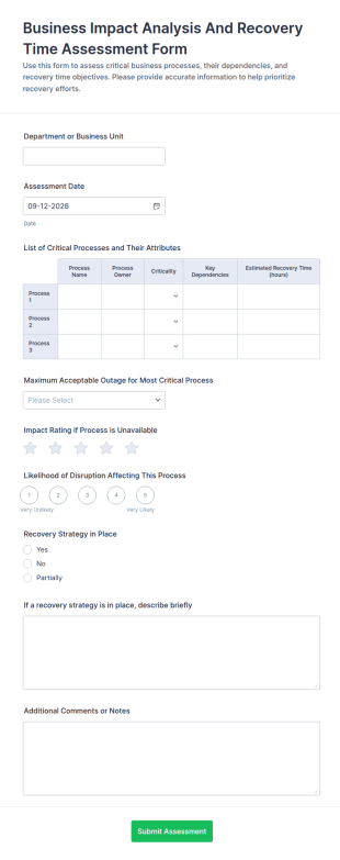 Business Impact Analysis And Recovery Time Assessment Form Template