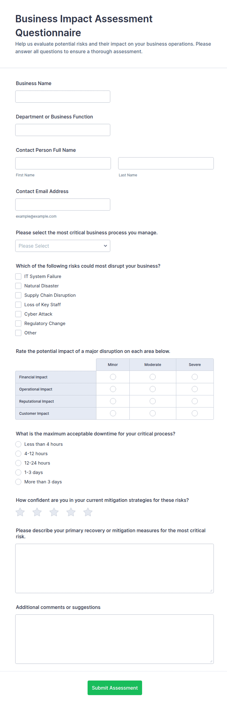 Business Impact Assessment Questionnaire Form Template | Jotform