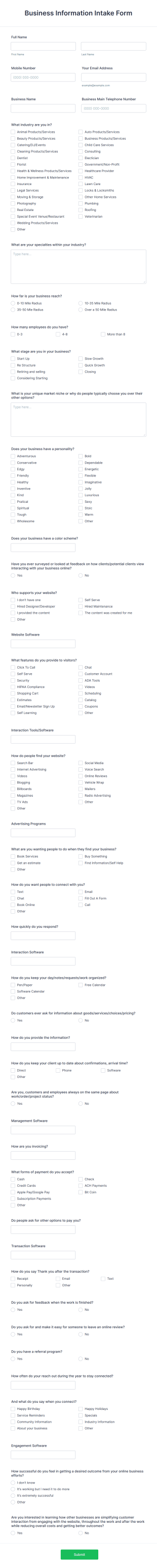 Business Information Intake Form Template