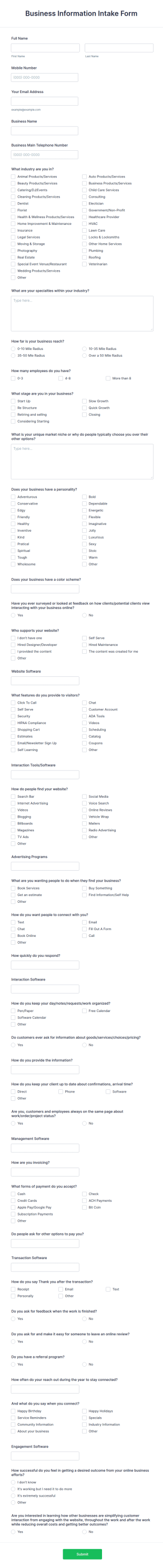 Business Information Intake Form Template