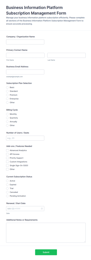Business Information Platform Subscription Management Form Template