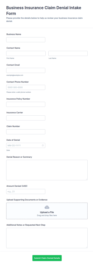 Business Insurance Claim Denial Intake Form Template