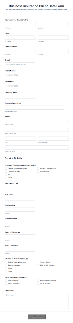Business Insurance Client Data Form Template