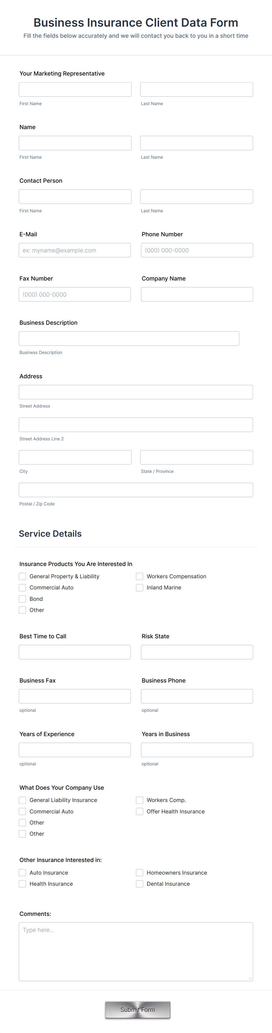Business Insurance Client Data Form Template | Jotform